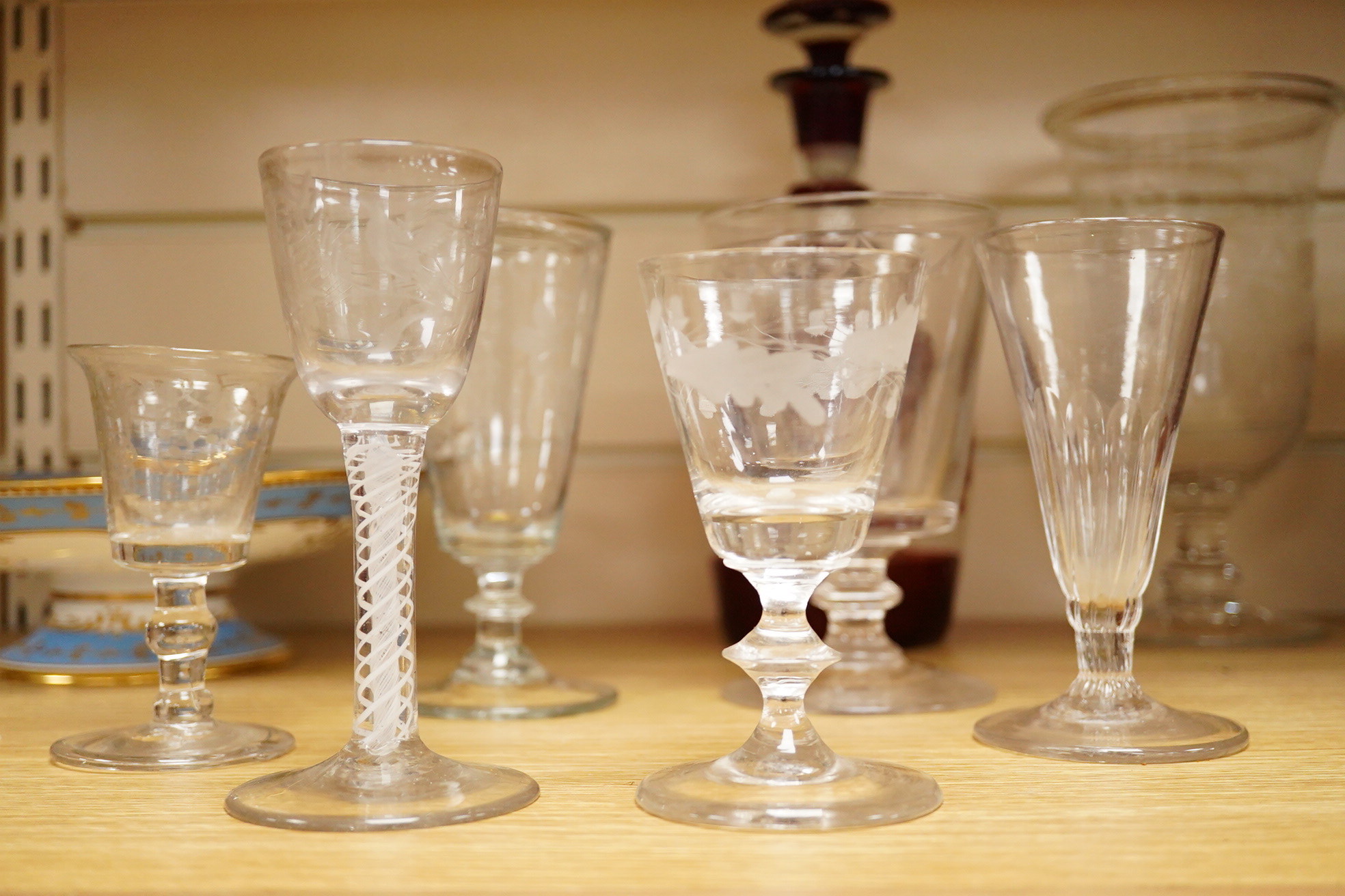 Assorted wine glasses, celery vase, overlaid decanter - 24cm high and a Victorian bone china comport.